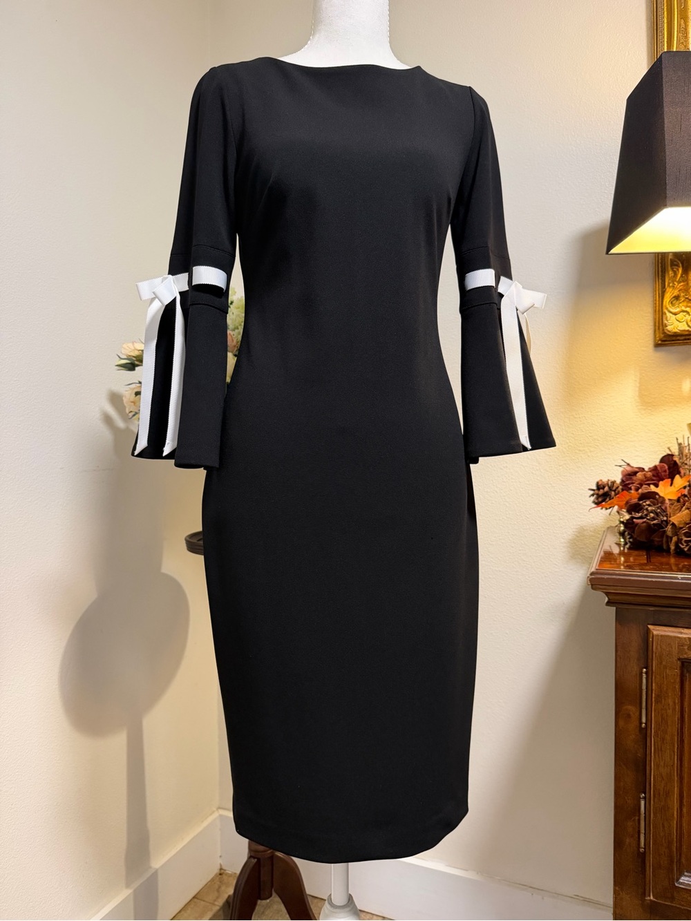 Calvin Klein Black Midi Dress with White Bow Bell 🔔 Sleeves Professional